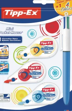Tipp-Ex Borrachas E Corretores > Fita Corret Mini Pocket Mouse+Esferográfica 4Cores
